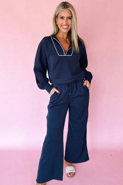 Women's Navy Blue Cropped Pants Set with Contrast Piping and Zipped Pullover - Stylish & Comfortable Fit