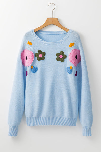Cozy Women's Light Blue Ribbed Floral Sweater - Stylish Knit Top for Every Season, Perfect for Casual Outings