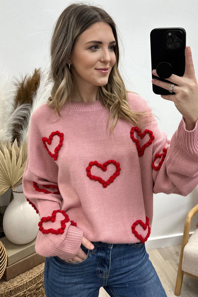 Cozy Women's Fuchsia Drop Shoulder Sweater with Heart Embroidery - Trendy Casual Style for Effortless Chic Looks