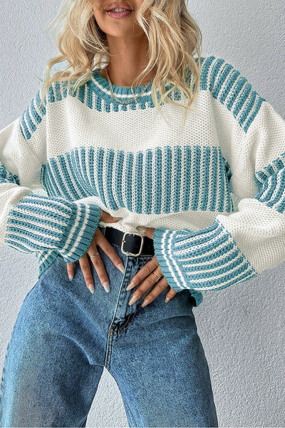 Light Blue Two-Tone Striped Patchwork Oversized Sweater for Women Cozy Drop Shoulder Style for Casual Chic Looks