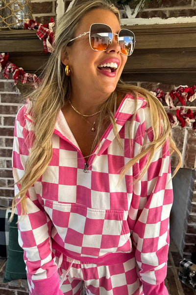 Women's Red Checkered Half Zip Hoodie & Loose Fit Pants Lounge Set for Cozy Casual Style and Comfort