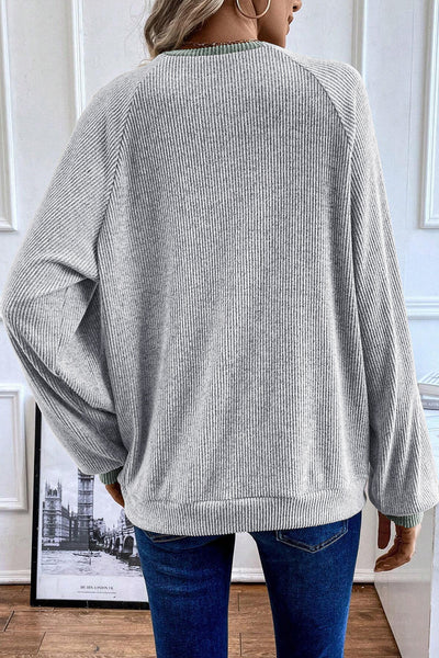 Women's Casual Light Grey Ribbed Long Sleeve Top with Color Contrast - Relaxed Fit for Effortless Everyday Style
