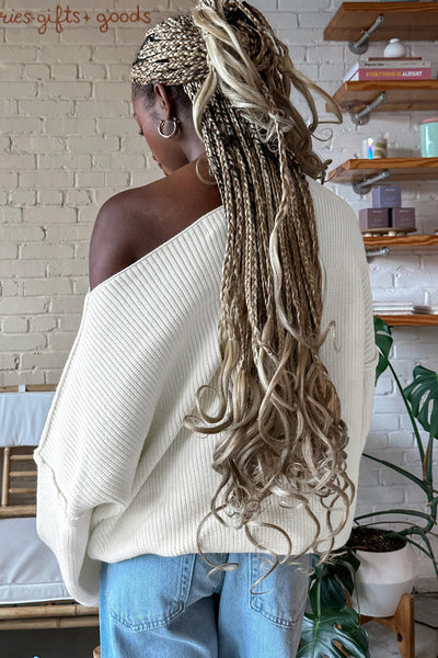 Women's Off-Shoulder Ribbed Knit Oversized Sweater in Ivory