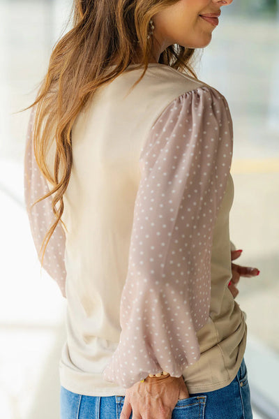 Chic Women's Parchment Polka Dot Chiffon Blouse with Patchwork Long Sleeve Round Neck Top for Effortless Casual Style