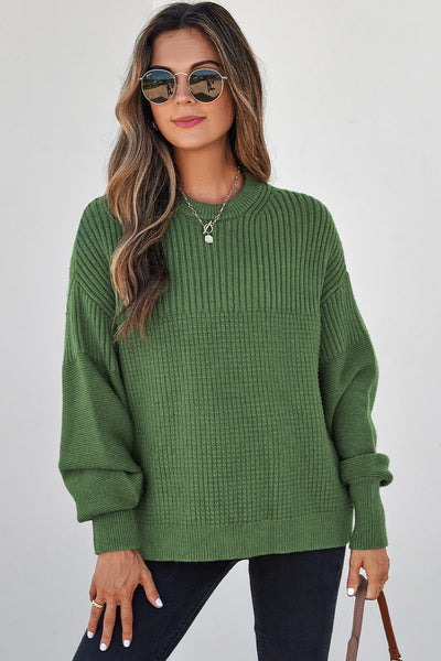 Women's Vineyard Green Mixed-Texture Knit Crewneck Sweater