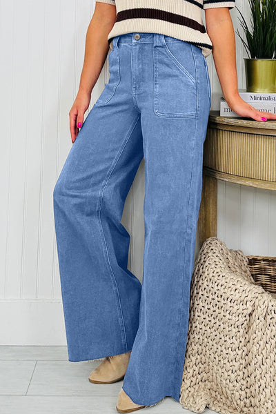 Women's Dusk Blue High-Waisted Wide Leg Jeans with Patch Pockets