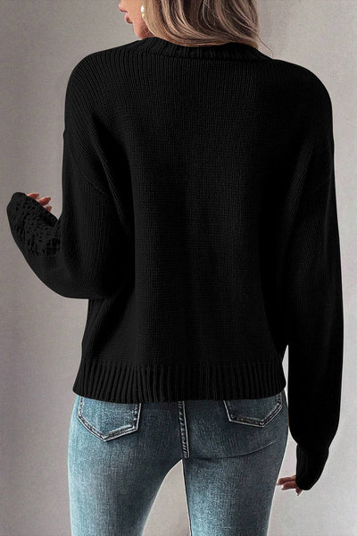 Cozy Black Open Knit Drop Shoulder Cardigan Sweater for Women - Chic Layering Essential for Fall Style