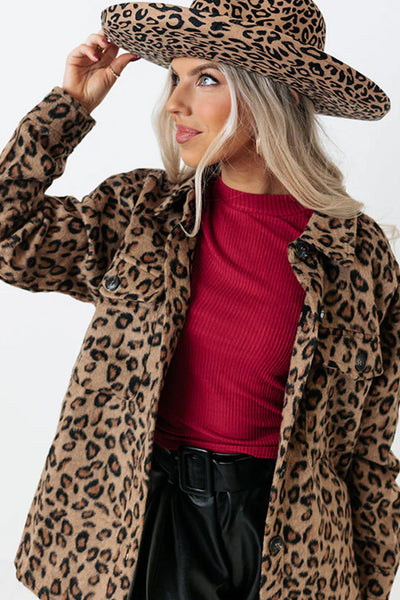 Cozy Women's Khaki Leopard Print Fleece Shacket with Button Flap Pockets Perfect Casual Layer for Fall & Winter