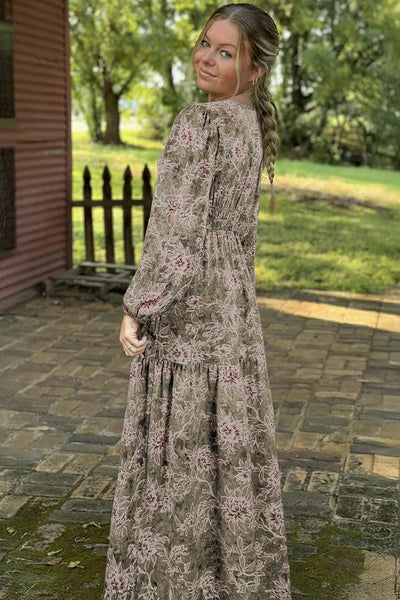 Women's Floral Smocked Waist Maxi Dress in Moss Green