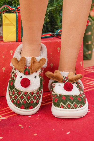 Women's Fern Green Geometric Knit Reindeer Plush Slippers