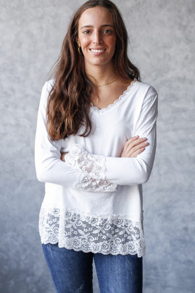 Women's Cotton Blend Lace-Trim Long Sleeve V-Neck Top