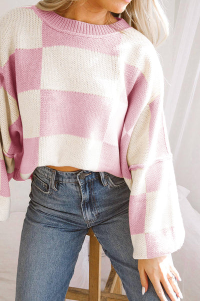 Chic Women's Pink Checkered Bishop Sleeve Sweater - Cozy Knit Pullover for Effortless Casual Style