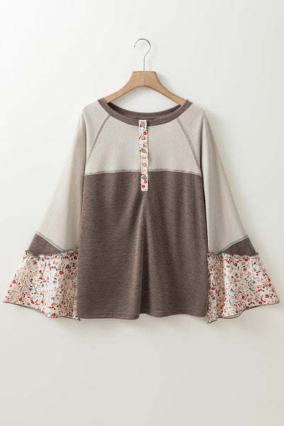 Women's Stylish Floral Patchwork Henley Top in Goat Colorblock with Flared Sleeves Chic & Comfortable Casual Blouse