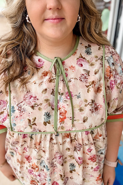 Plus Size Women's Black Floral Babydoll Blouse with Striped Trim - Chic Casual Top for Effortless Style