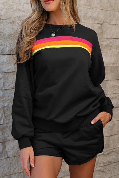 Women's Black Striped Pullover & Shorts Set - Chic Casual Two-Piece Outfit for Stylish Comfort and Everyday Wear