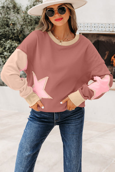 Women's Rose Pink Contrast Star Patchwork Pullover Sweatshirt
