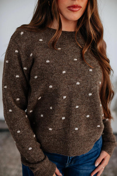 Women's Coffee Polka Dot Knit Crewneck Sweater in Soft Blend