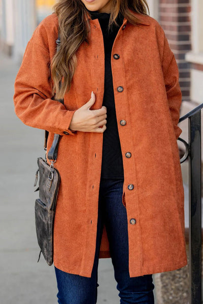 Chic Women's Oversized Gold Flame Corduroy Shacket with Side Slits - Trendy Layering Essential for Stylish Fall Outfits