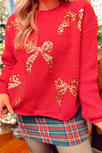 Chic Fiery Red Sequin Sweater for Women with Bow Detail and Drop Shoulder Ideal for Holiday Parties and Celebrations