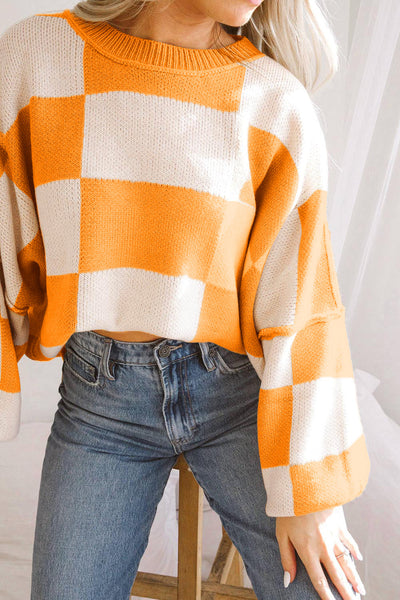 Women's Cozy Orange Checkered Bishop Sleeve Sweater - Stylish Knit Pullover for Fall Fashion and Casual Wear