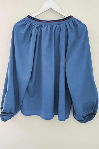 "Chic Women's Real Teal Floral Embroidered Blouse with Split Neck, Tassel Tie & Puff Sleeves for Effortless Style"