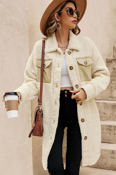Cozy Women's Beige Teddy Coat with Contrast Flap Pockets, Stylish Single Breasted Outerwear for Cold Weather