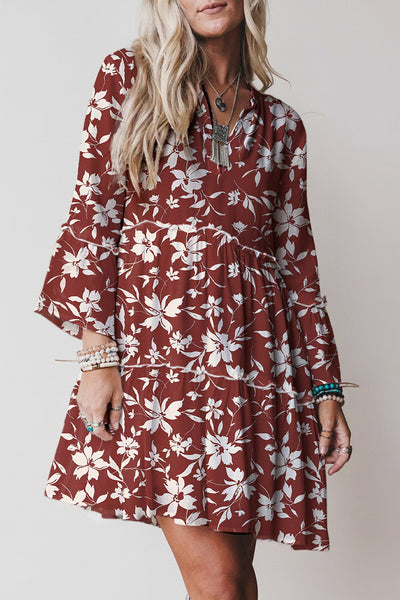Women's Terracotta Boho Floral Mini Dress with Lettuce Trim