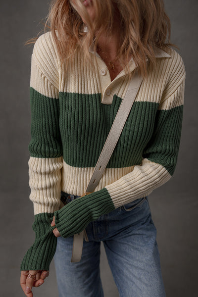 Women's Blackish Green Color Block Ribbed Knit Sweater with Shirt Collar - Slim Fit Stylish Top