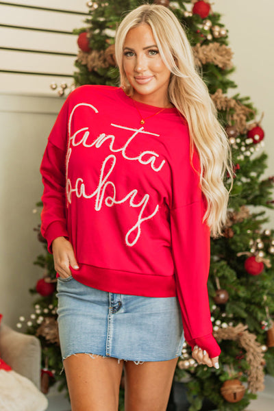 Cozy Fiery Red Santa Baby Graphic Sweatshirt for Women - Festive Holiday Style with Tinsel Detail