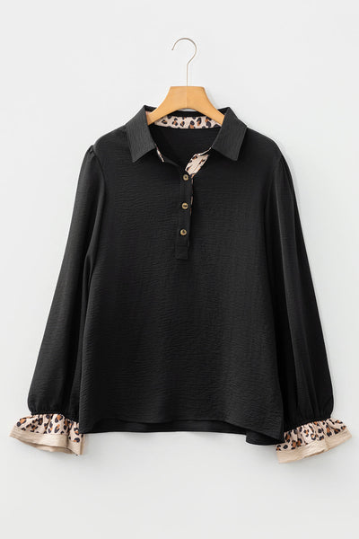 Women's Stylish Women's Black Leopard Print Blouse with Polo Collar, Ruffled Long Sleeves, and Button Front for Trendy Looks