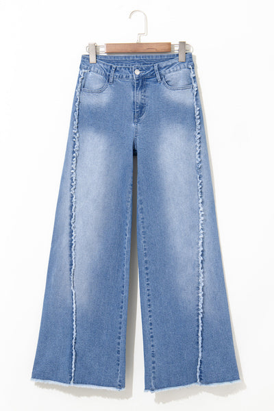 Beau Blue Women's Vintage Flared Jeans in Chic Raw Hem with Unique Stitching for Effortless Casual Style