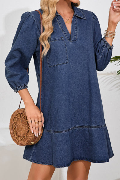 Women's Cotton-Blend Denim V-Neck Shift Dress with Tiered Hem