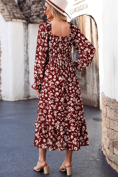 Women's Red Floral Smocked Maxi Dress with Square Neck
