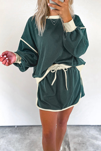 Chic Women's Evergreen Color Block Pullover & Lace-Up Waist Skort Set - Casual, Comfortable Everyday Outfit