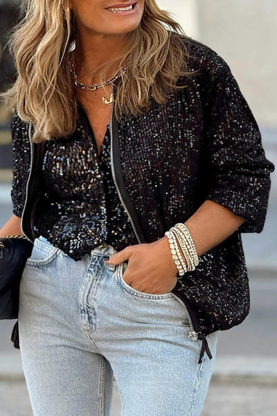 Chic Women's Black Sequin Zip-Up Jacket with Round Neck and Long Sleeves for Glamorous Night Out Fashion