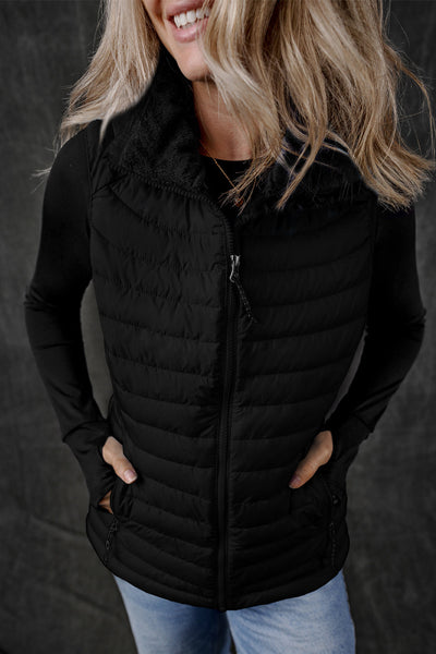 Cozy Women's Black Quilted Puffer Vest with Plush Collar and Zipper - Stylish Winter Outerwear for Cold Adventures