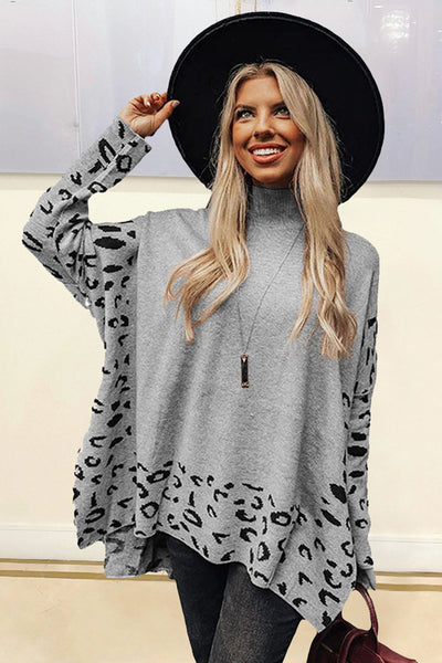 Cozy Gray Leopard Print High Neck Oversized Sweater for Women with Side Slit - Perfect for Stylish Fall Outfits