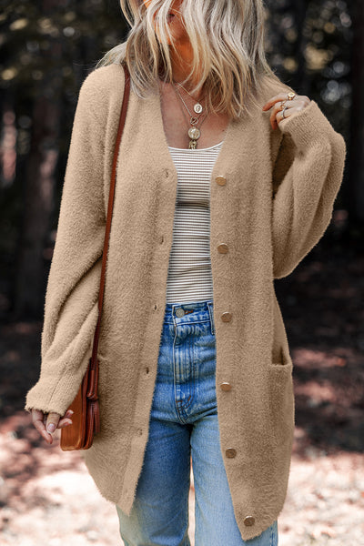 Chic Smoke Gray Fuzzy Midi Cardigan for Women - Button Front, Ideal for Layering and Casual Everyday Wear