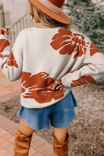 Cozy Beige Plus Size Women's Floral Print Sweater with Wide Sleeves for Stylish All-Season Comfort