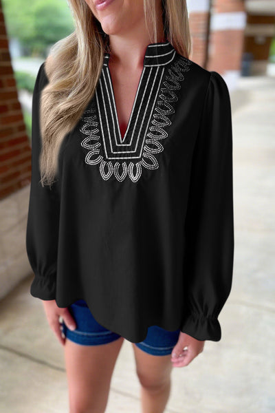 Elegant Women's Black Embroidered V-Neck Blouse with Flounce Sleeves - Perfect Stylish Top for Any Occasion