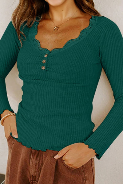 Women's Skobeloff Deep Teal Ribbed Long Sleeve Lace Trim Top