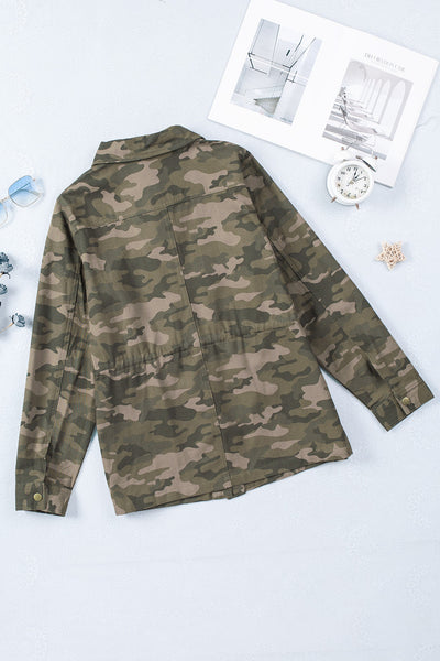 Women's Green Camouflage Print Utility Jacket with Button Closure and Multiple Pockets