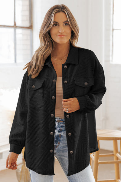 Trendy Women's Black Textured Flap Pocket Shacket - Stylish Button-Up Layer for Fall Fashion and Cozy Outfits