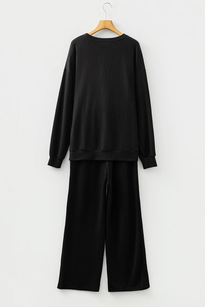 Women's Black JOLLY Long Sleeve Top with Pocketed Pants Set - Chic & Comfy Casual Outfit for Effortless Style