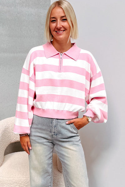 Effortless Casual Women's Pink Striped Sweater with Zipped Collar & Drop Shoulder for Ultimate Comfort and Style