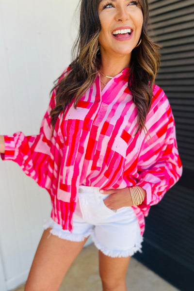 Women's Casual Pink Abstract Print Batwing Sleeve Shirt - Trendy, Comfortable Top for Everyday Fashion