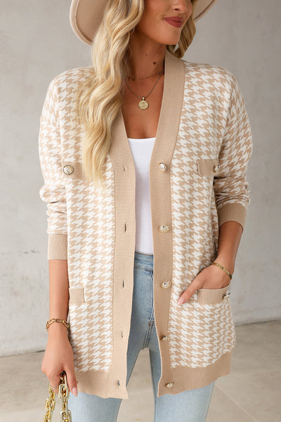 Chic Women's Slim Fit Khaki Cardigan with Contrast Edges, Metal Buttons, and Functional Pockets for Effortless Style