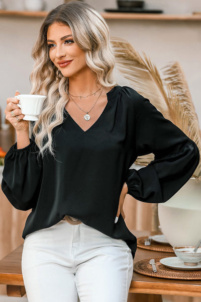 Chic Women's Black V-Neck Puff Sleeve Top Stylish & Comfortable for Effortless Casual Outfits