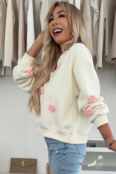 Cozy Beige Floral Crochet Sweatshirt for Women - Casual Chic Drop Shoulder Style, Perfect for Everyday Comfort