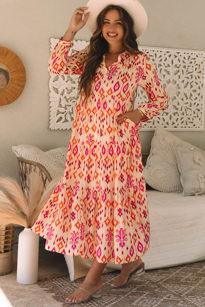 Stylish Women's Orange Geometric Print Maxi Dress - Flattering Western-Inspired Summer Outfit for Effortless Elegance